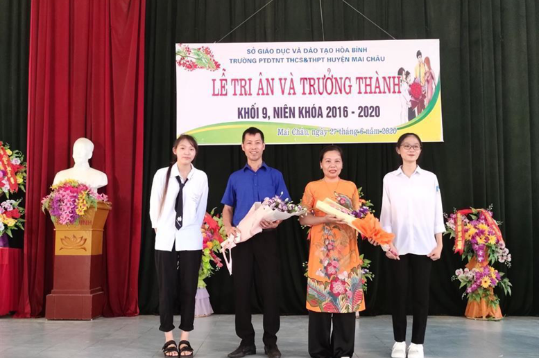 Học sinh thay mặt tập thể khối 9 tặng quà cho 2 GVCN