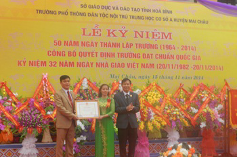 Đồng chí Đặng Quang Ngàn-Phó GĐ Sở thừa ủy quyền của Chủ tịch UBND tỉnh trao tặng Bằng công nhận Trường đạt chuẩn quốc gia giai đoạn 2014-2019